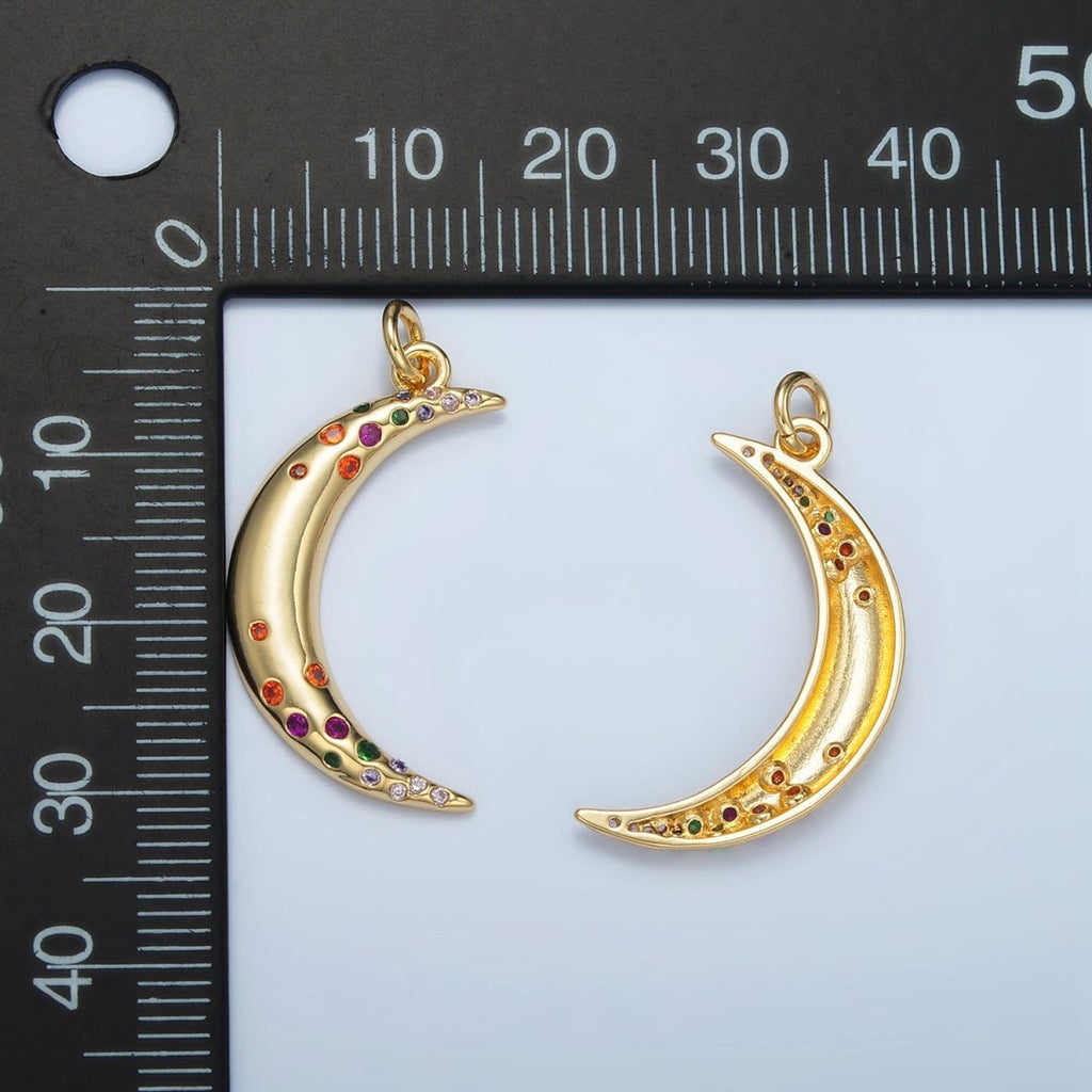 24K Gold plated Multicolor CZ Dotted Celestial Crescent Moon Charm | E100 - DLUXCA