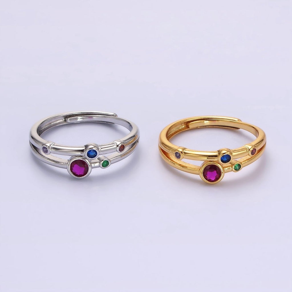 24K Gold plated Multicolor CZ Dotted Double Band Adjustable Ring in Gold & Silver | O-615 O-616