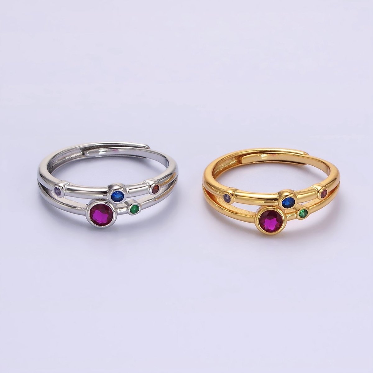 24K Gold plated Multicolor CZ Dotted Double Band Adjustable Ring in Gold & Silver | O-615 O-616