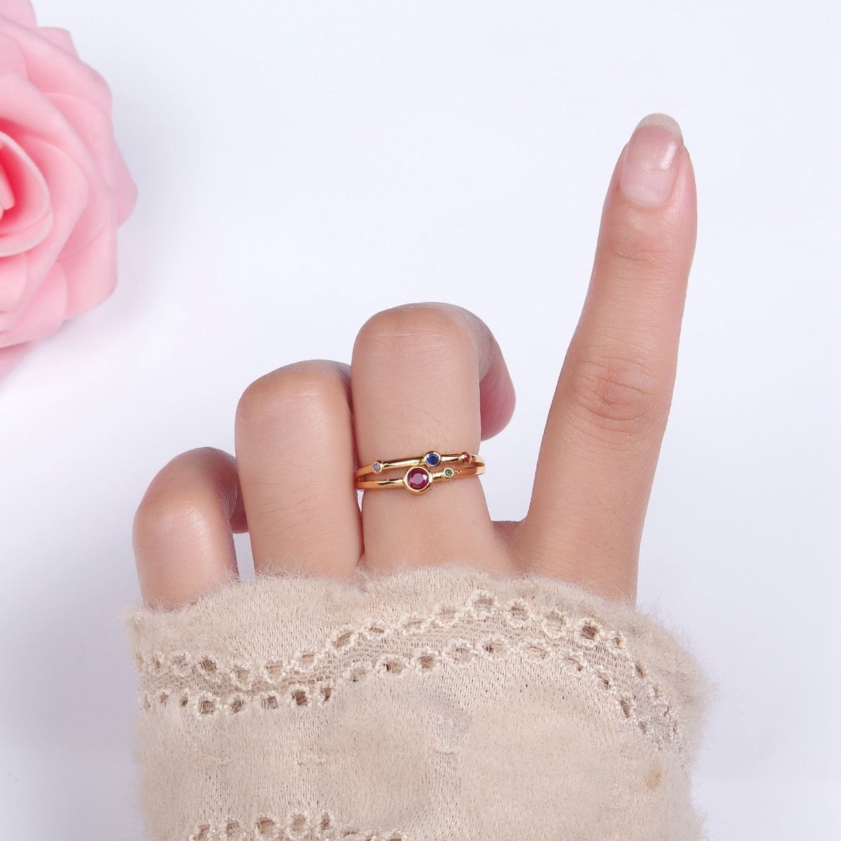 24K Gold plated Multicolor CZ Dotted Double Band Adjustable Ring in Gold & Silver | O-615 O-616