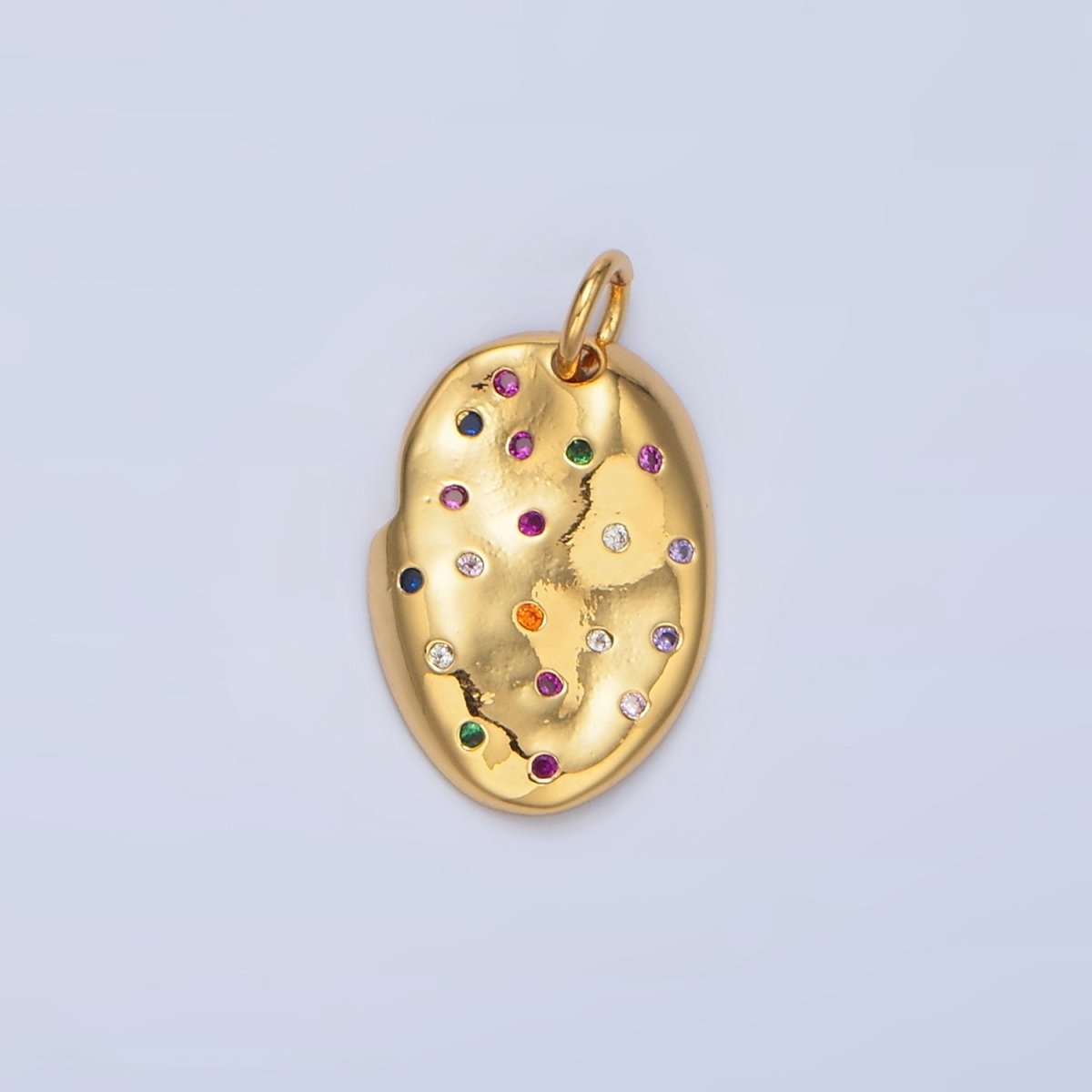 24K Gold plated Multicolor CZ Dotted Hammered Oval Charm | X607 - DLUXCA