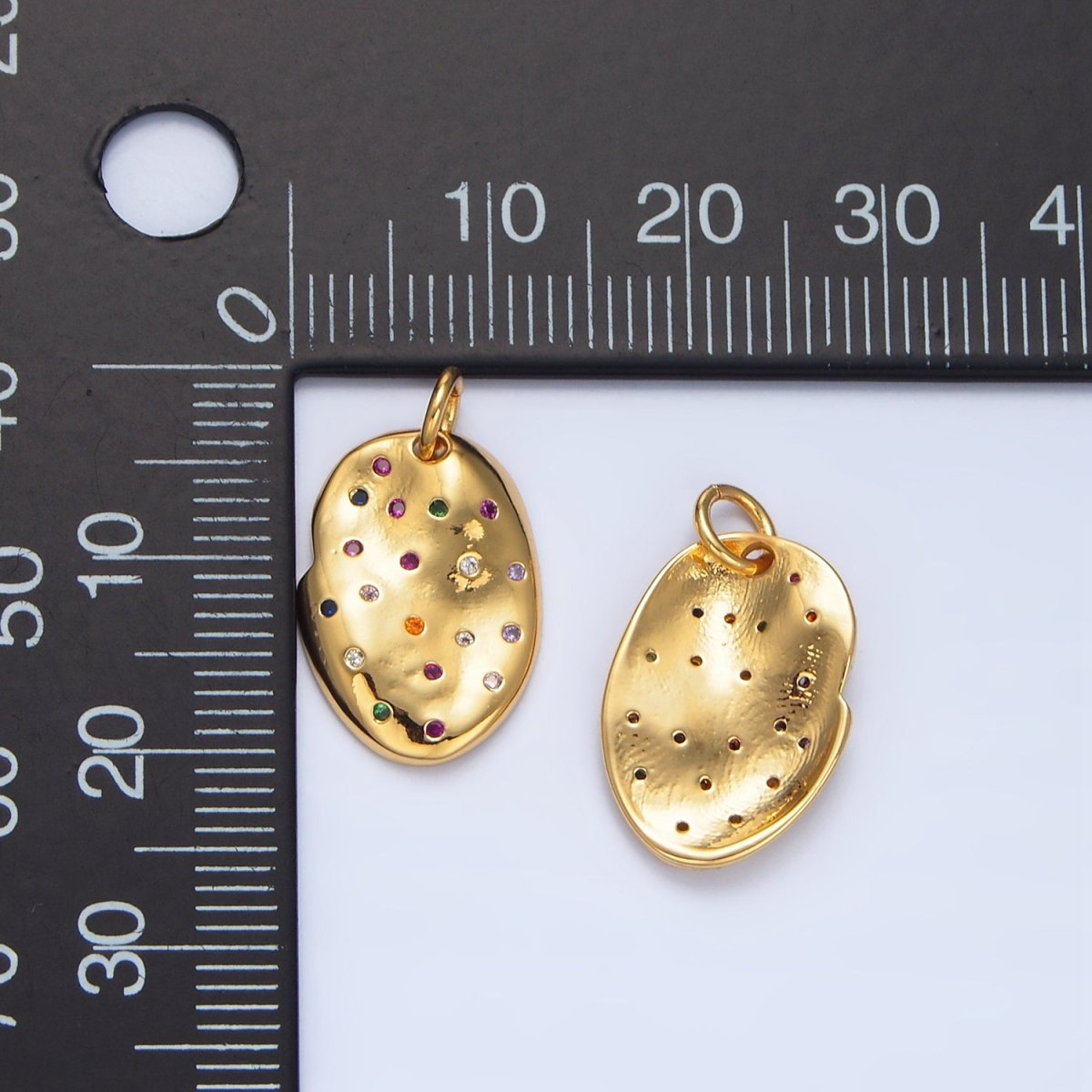 24K Gold plated Multicolor CZ Dotted Hammered Oval Charm | X607 - DLUXCA
