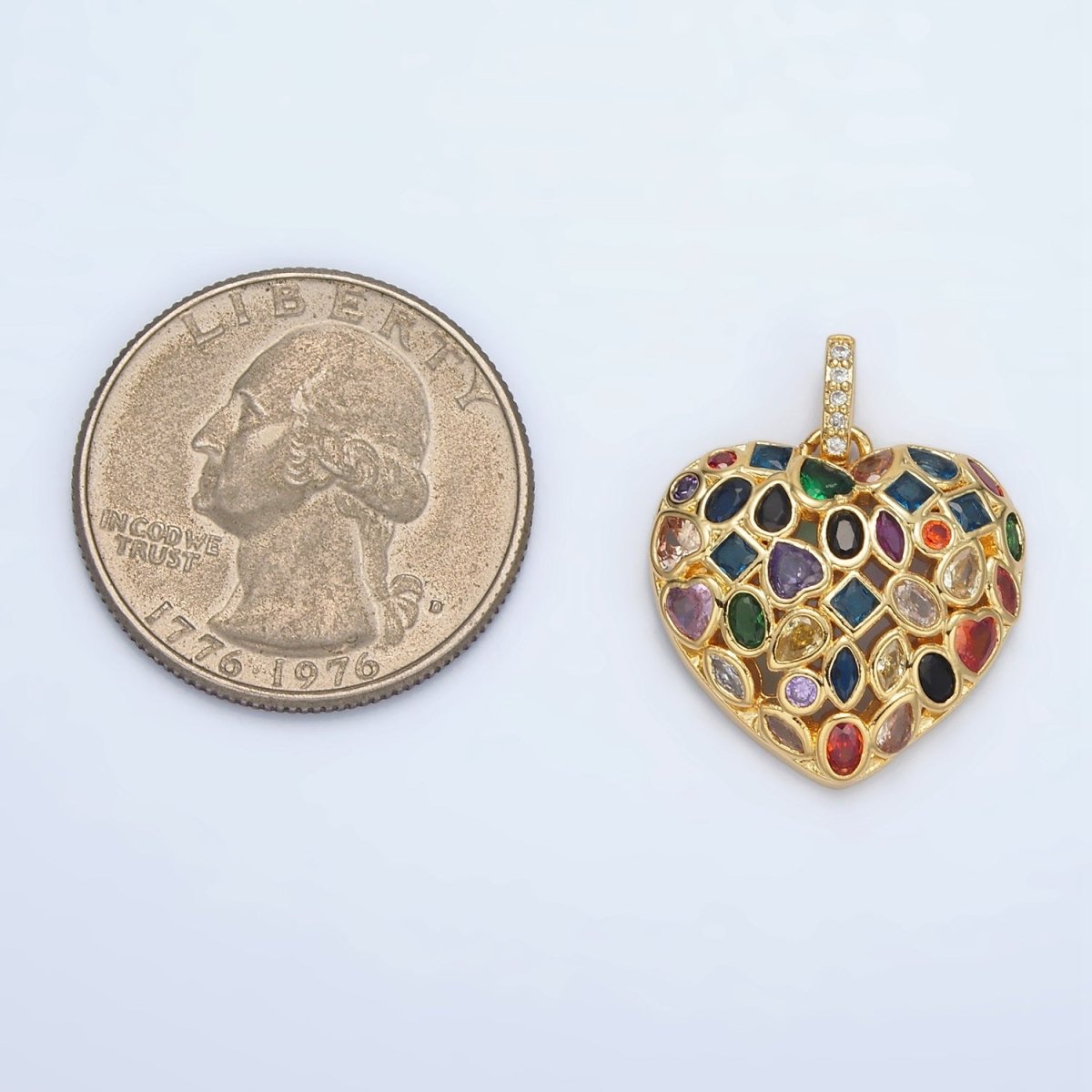 24K Gold plated Multicolor CZ Geometric Heart Micro Paved CZ Bail Pendant | AA1366 - DLUXCA