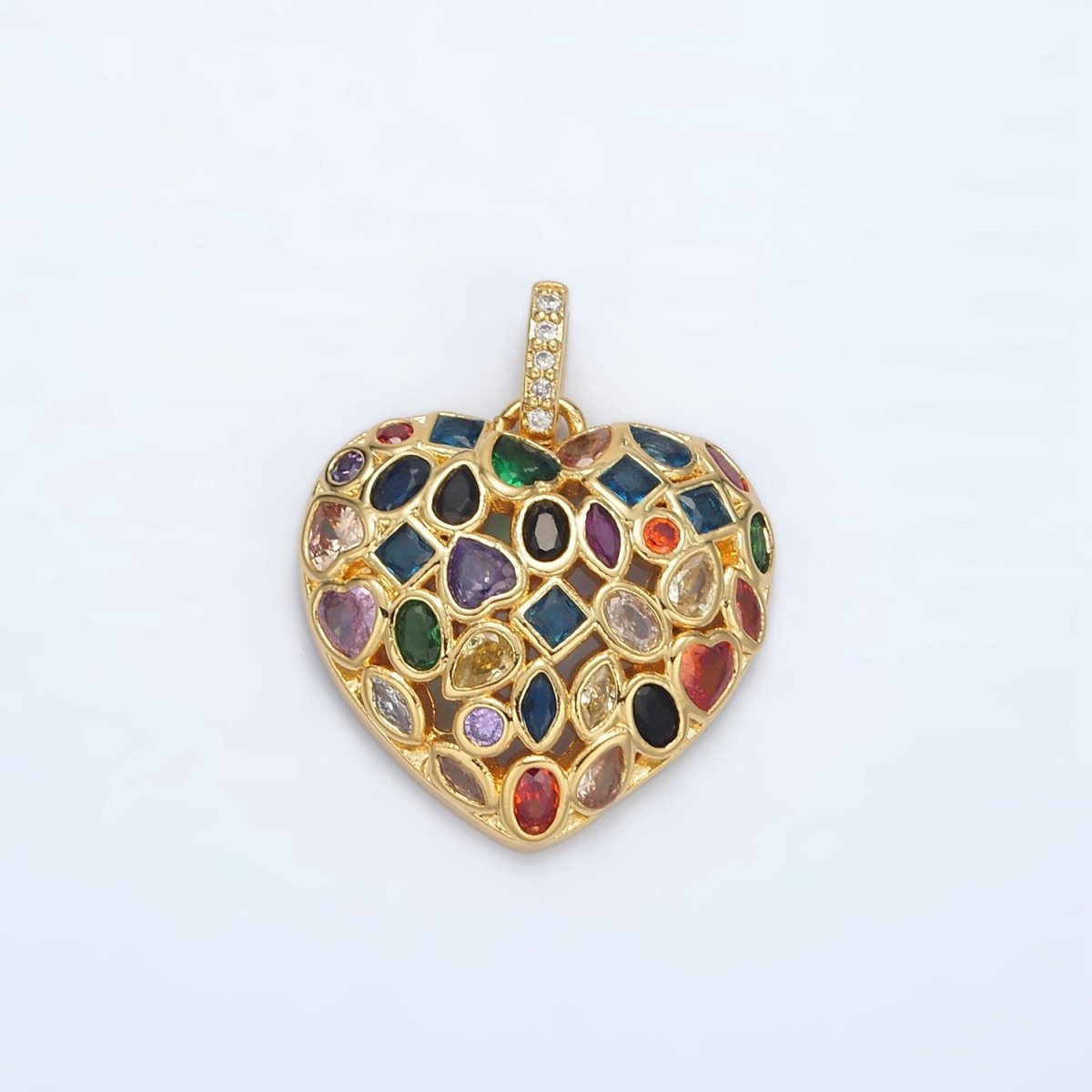 24K Gold plated Multicolor CZ Geometric Heart Micro Paved CZ Bail Pendant | AA1366 - DLUXCA