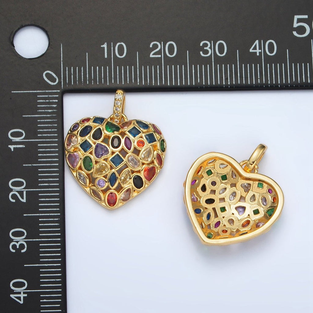 24K Gold plated Multicolor CZ Geometric Heart Micro Paved CZ Bail Pendant | AA1366 - DLUXCA