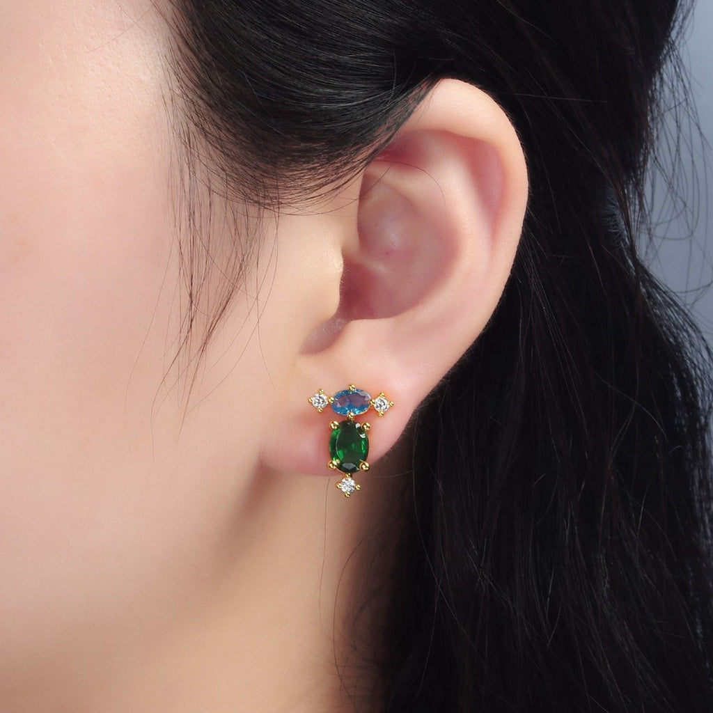 24K Gold plated Multicolor CZ Geometric Stud Earrings | T298 - DLUXCA