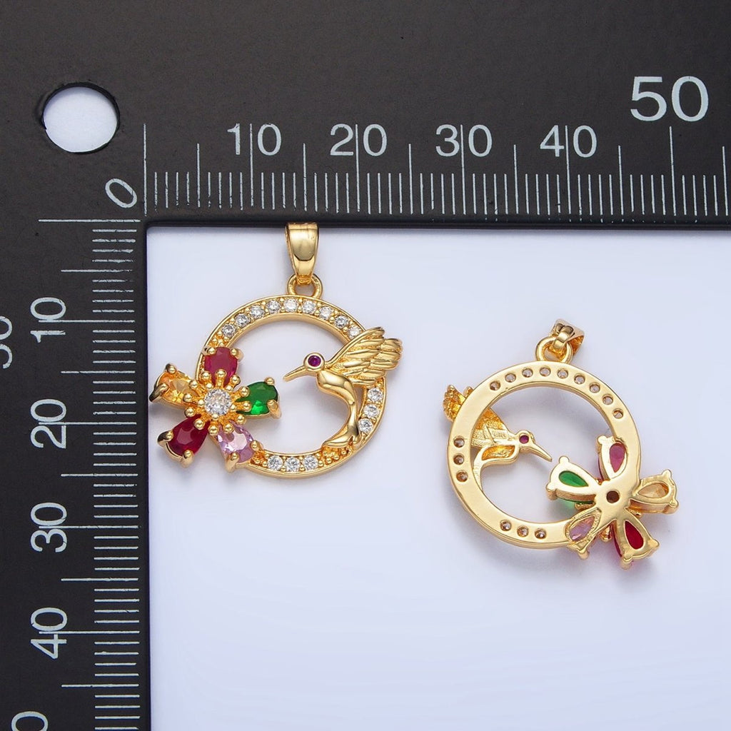 24K Gold plated Multicolor CZ Micro Paved CZ Bird Open Round Pendant | H848 - DLUXCA