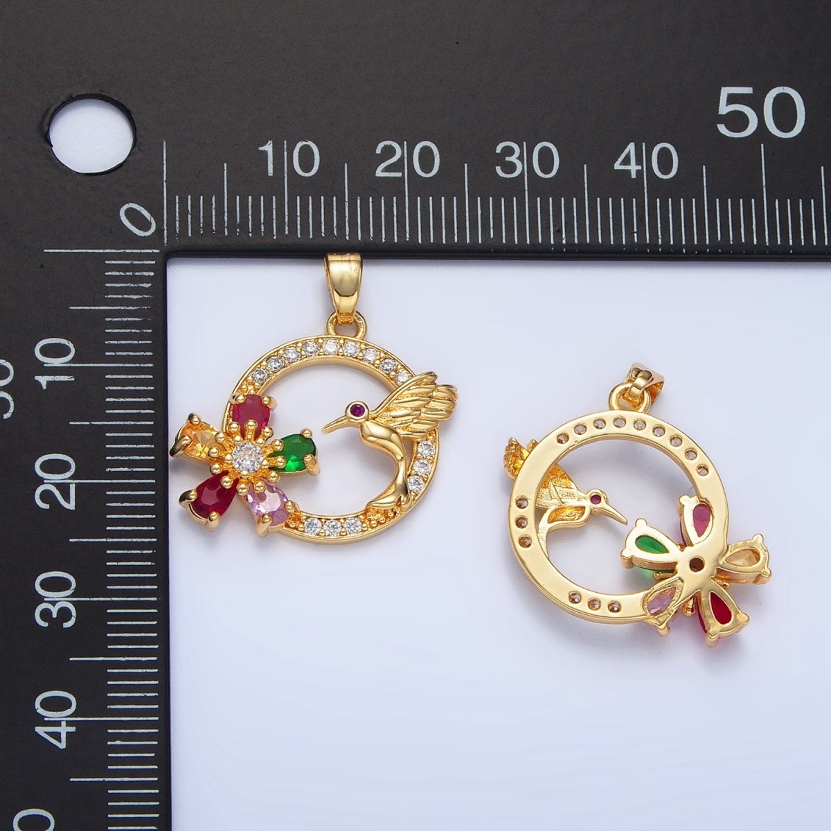 24K Gold plated Multicolor CZ Micro Paved CZ Bird Open Round Pendant | H848 - DLUXCA