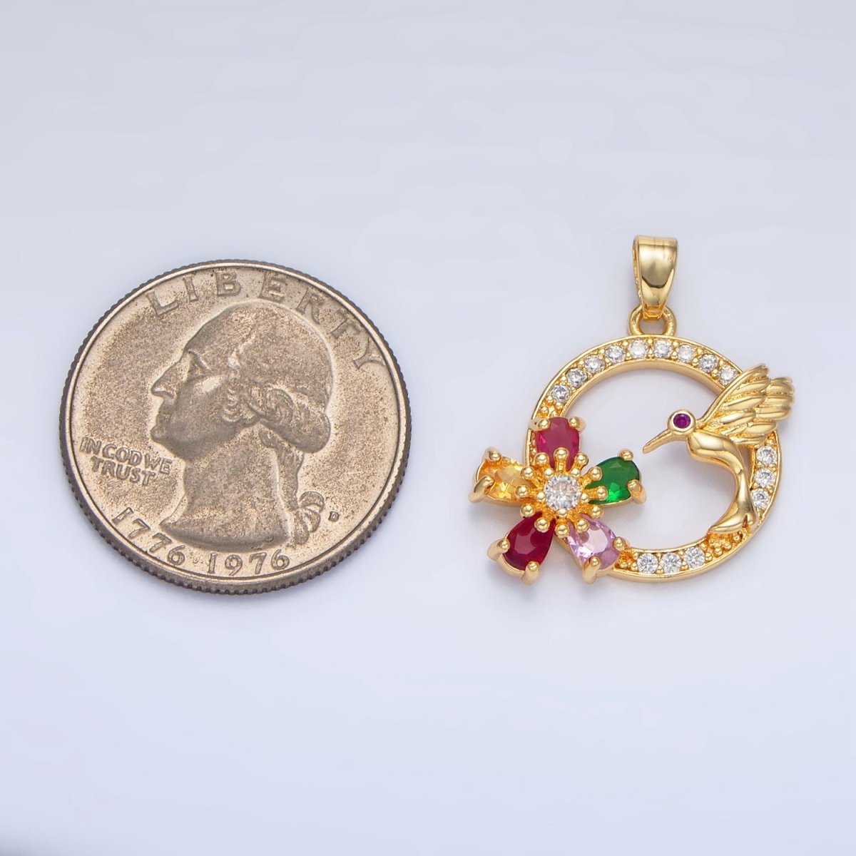 24K Gold plated Multicolor CZ Micro Paved CZ Bird Open Round Pendant | H848 - DLUXCA