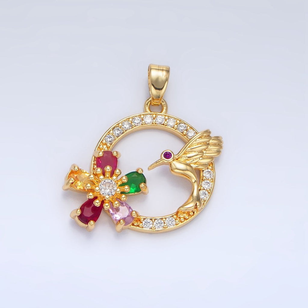 24K Gold plated Multicolor CZ Micro Paved CZ Bird Open Round Pendant | H848 - DLUXCA