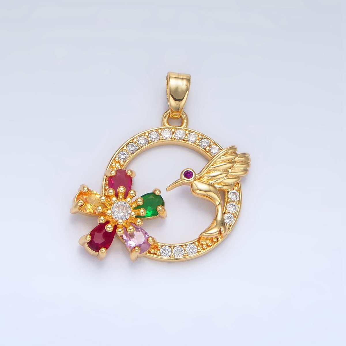 24K Gold plated Multicolor CZ Micro Paved CZ Bird Open Round Pendant | H848 - DLUXCA