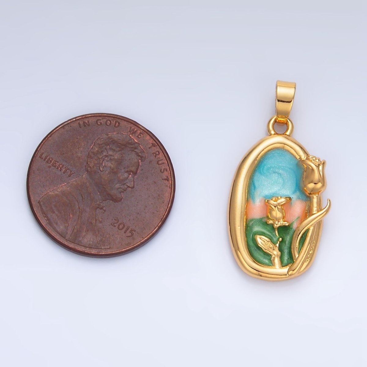 24K Gold plated Multicolor Enamel Rose Floral Stamped Pendant | AA988 - DLUXCA