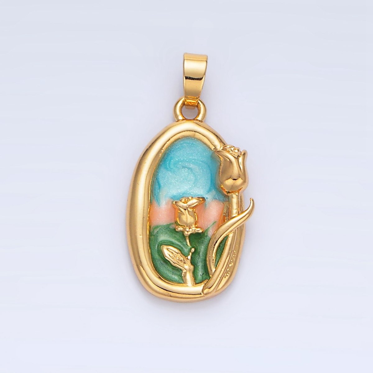 24K Gold plated Multicolor Enamel Rose Floral Stamped Pendant | AA988 - DLUXCA