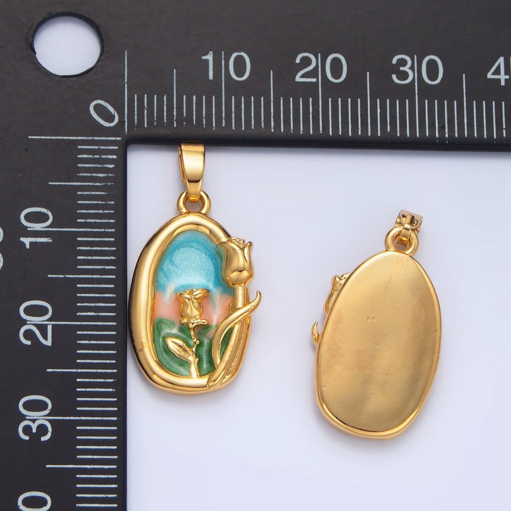 24K Gold plated Multicolor Enamel Rose Floral Stamped Pendant | AA988 - DLUXCA