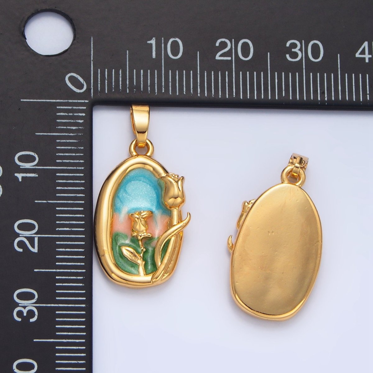 24K Gold plated Multicolor Enamel Rose Floral Stamped Pendant | AA988 - DLUXCA