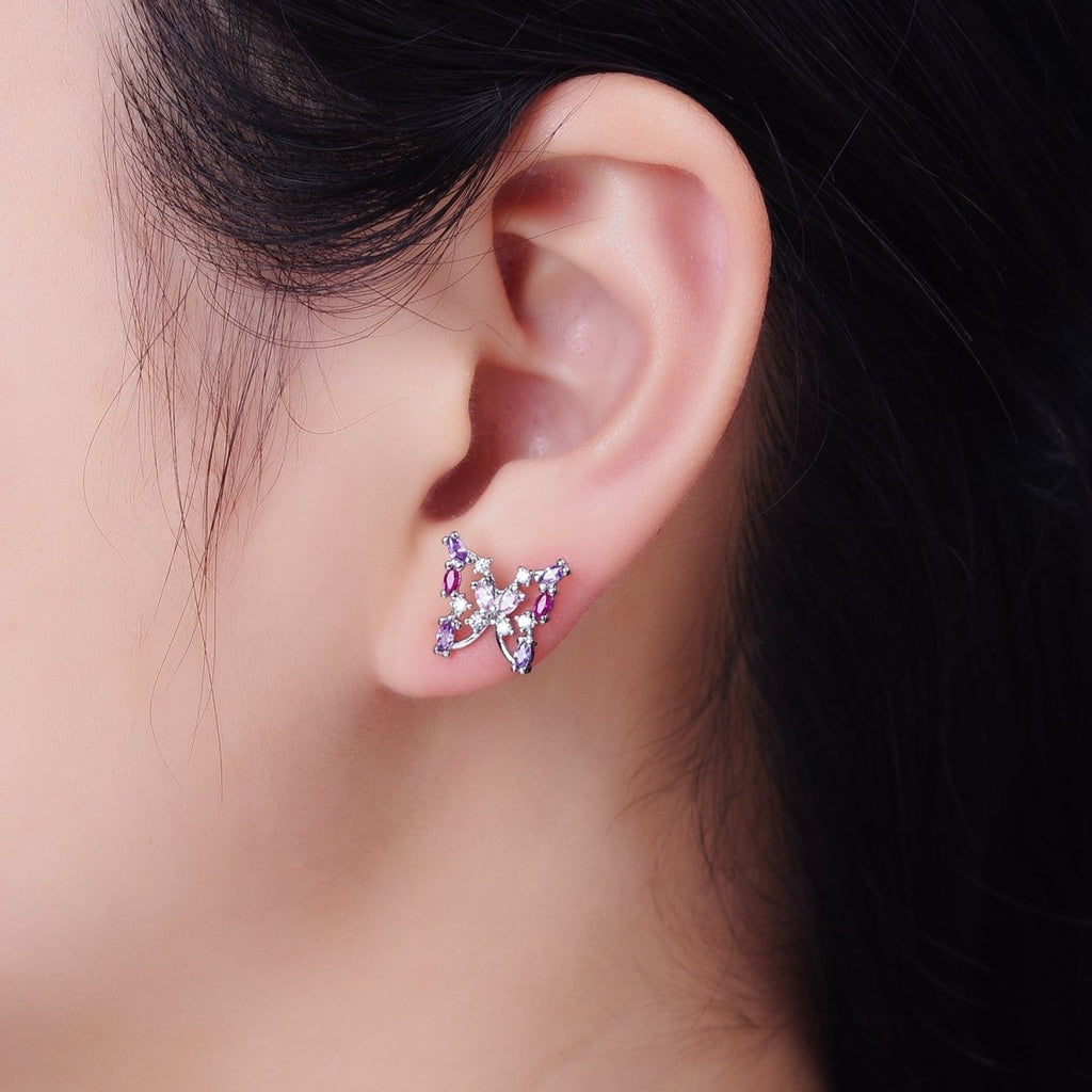 24K Gold plated Multicolor Marquise CZ Butterfly Mariposa Stud Earrings in Gold & Silver | AB619 AB620