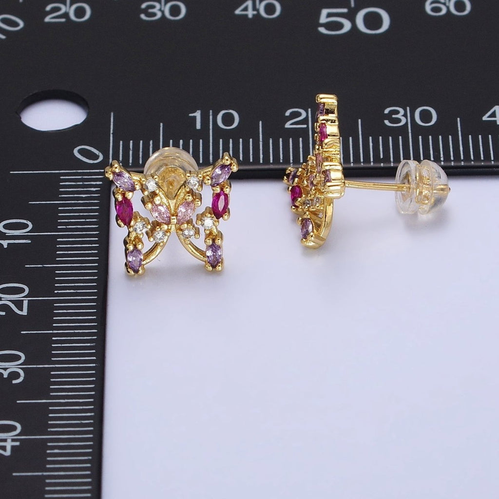 24K Gold plated Multicolor Marquise CZ Butterfly Mariposa Stud Earrings in Gold & Silver | AB619 AB620