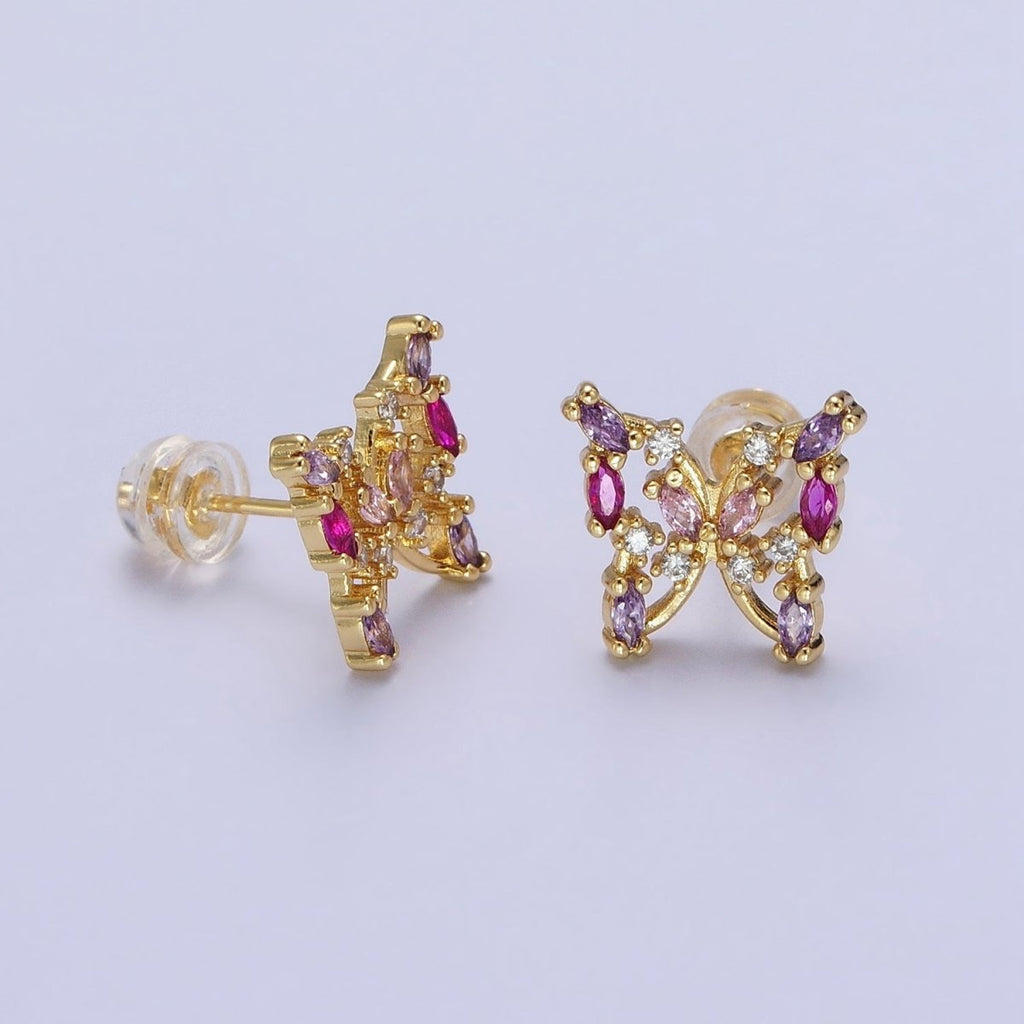 24K Gold plated Multicolor Marquise CZ Butterfly Mariposa Stud Earrings in Gold & Silver | AB619 AB620