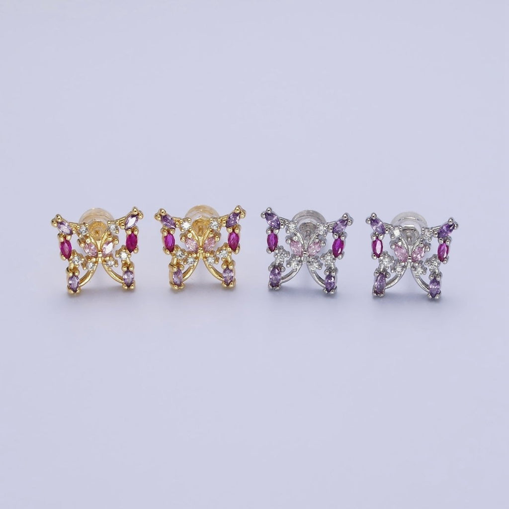 24K Gold plated Multicolor Marquise CZ Butterfly Mariposa Stud Earrings in Gold & Silver | AB619 AB620