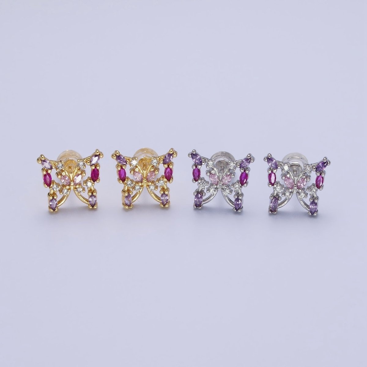 24K Gold plated Multicolor Marquise CZ Butterfly Mariposa Stud Earrings in Gold & Silver | AB619 AB620
