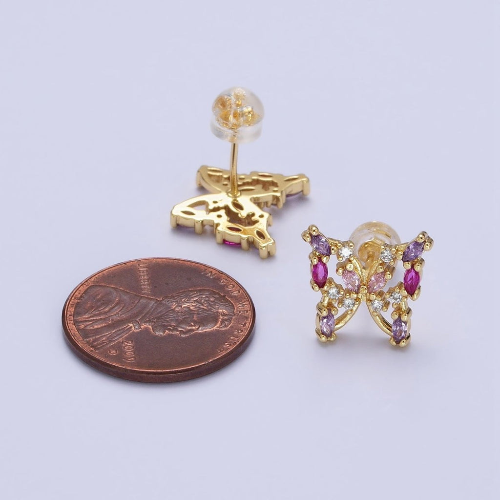 24K Gold plated Multicolor Marquise CZ Butterfly Mariposa Stud Earrings in Gold & Silver | AB619 AB620