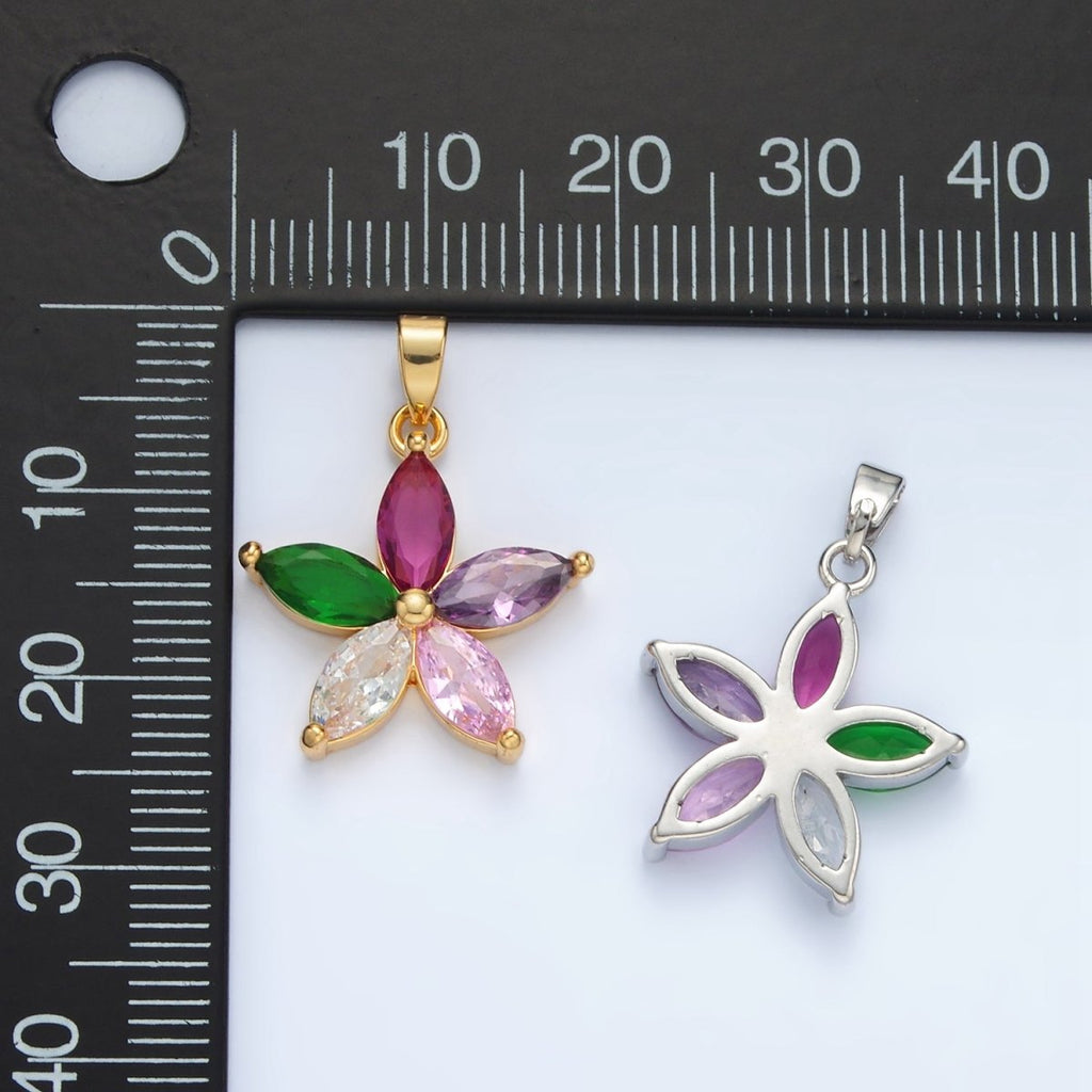24K Gold plated Multicolor Marquise CZ Flower Pendant in Gold & Silver | AA1386