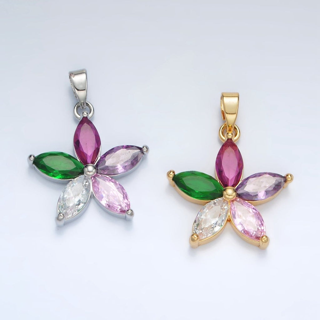 24K Gold plated Multicolor Marquise CZ Flower Pendant in Gold & Silver | AA1386
