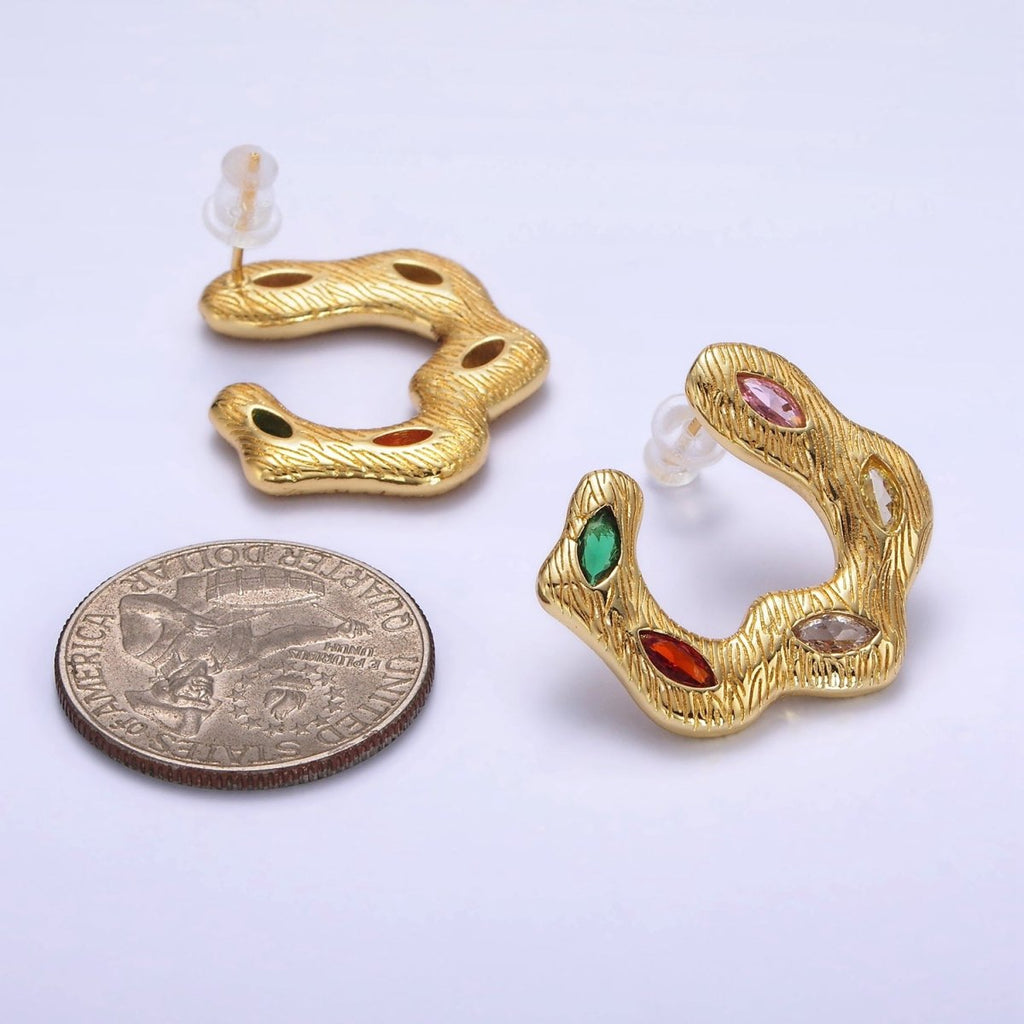 24K Gold plated Multicolor Marquise CZ Wavy Line-Textured Stud Earrings Set | P526 - DLUXCA