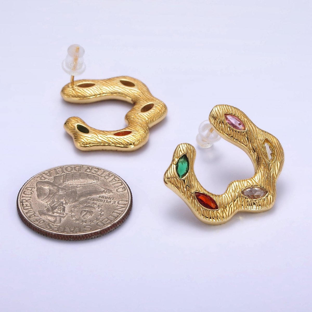 24K Gold plated Multicolor Marquise CZ Wavy Line-Textured Stud Earrings Set | P526 - DLUXCA