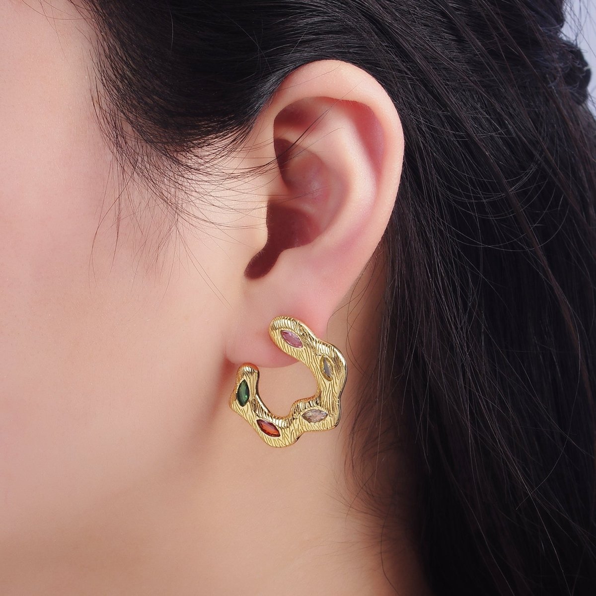 24K Gold plated Multicolor Marquise CZ Wavy Line-Textured Stud Earrings Set | P526 - DLUXCA