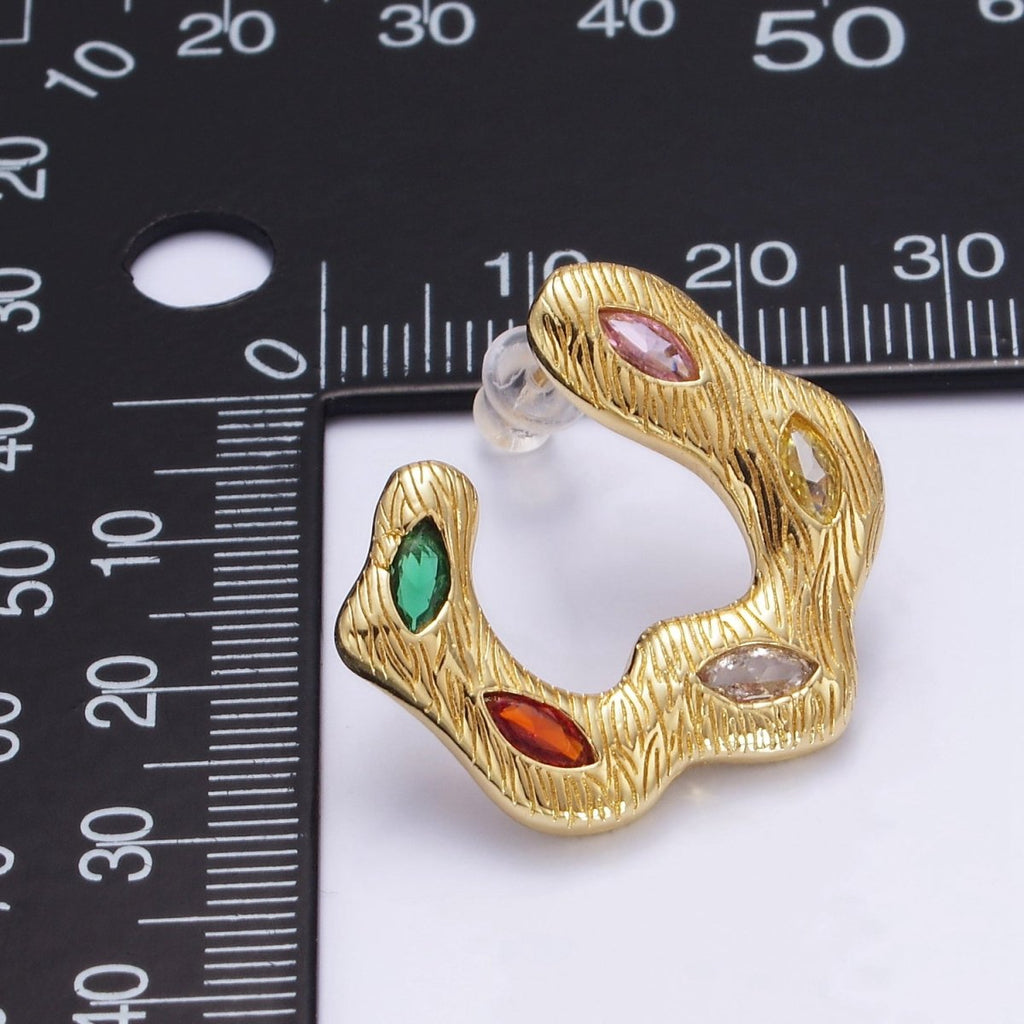 24K Gold plated Multicolor Marquise CZ Wavy Line-Textured Stud Earrings Set | P526 - DLUXCA