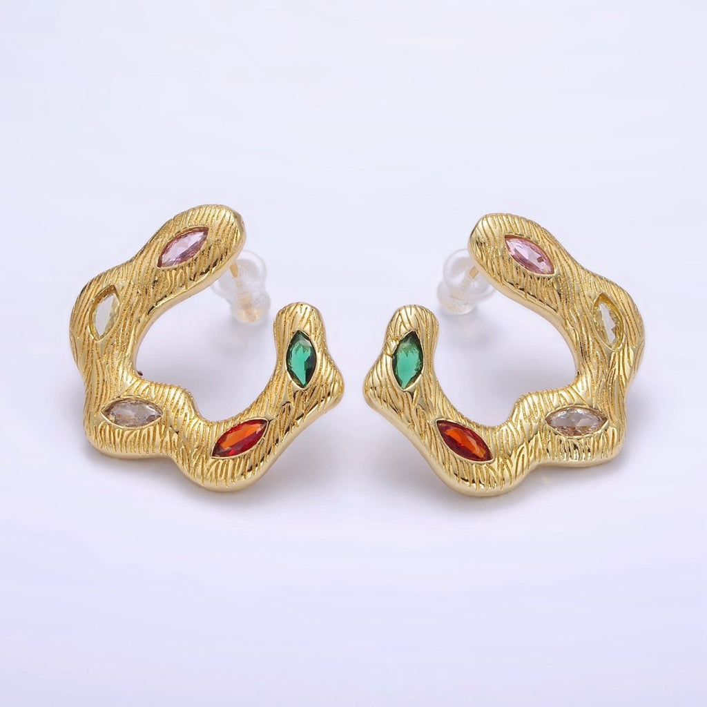 24K Gold plated Multicolor Marquise CZ Wavy Line-Textured Stud Earrings Set | P526 - DLUXCA