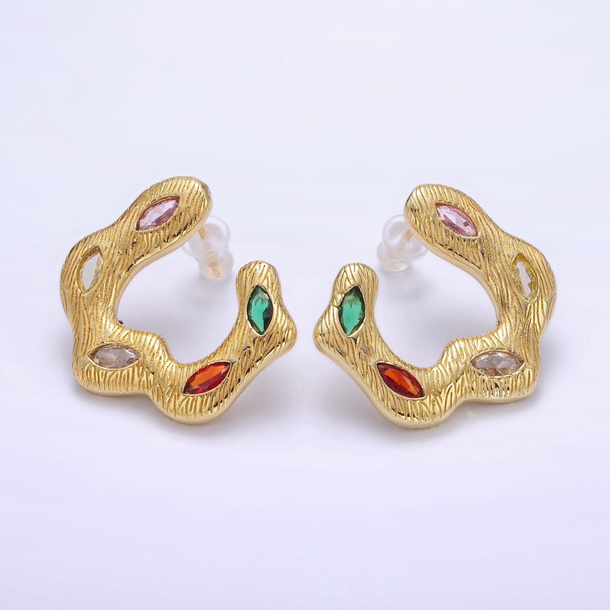 24K Gold plated Multicolor Marquise CZ Wavy Line-Textured Stud Earrings Set | P526 - DLUXCA