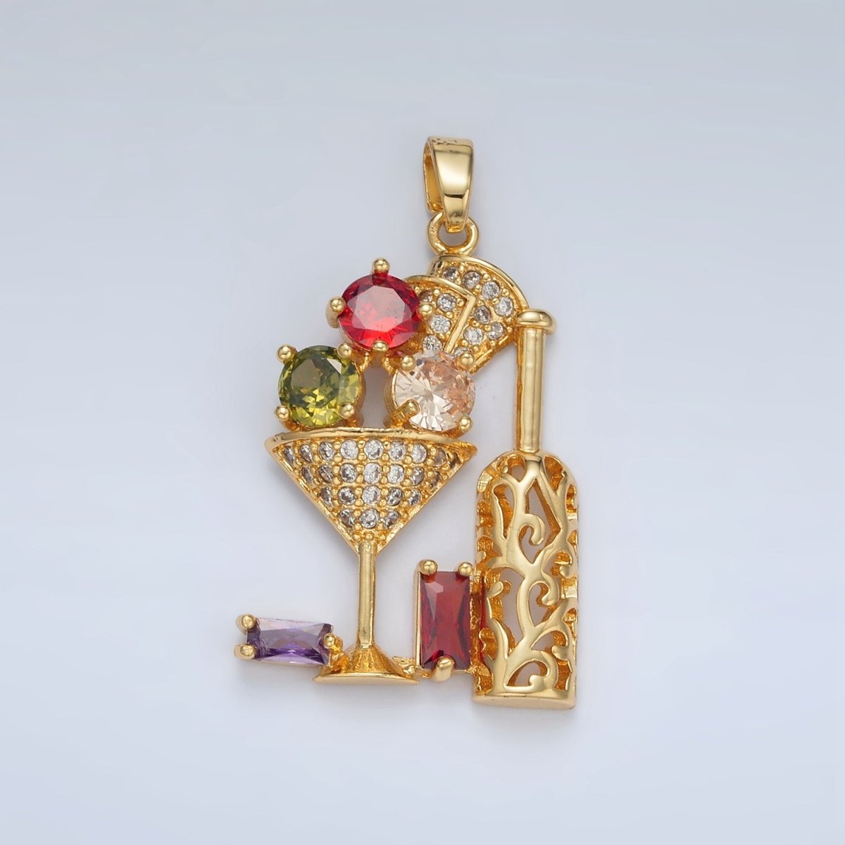 24K Gold plated Multicolor Micro Paved Baguette CZ Martini Wine Alcohol Drinks Pendant | I708 - DLUXCA