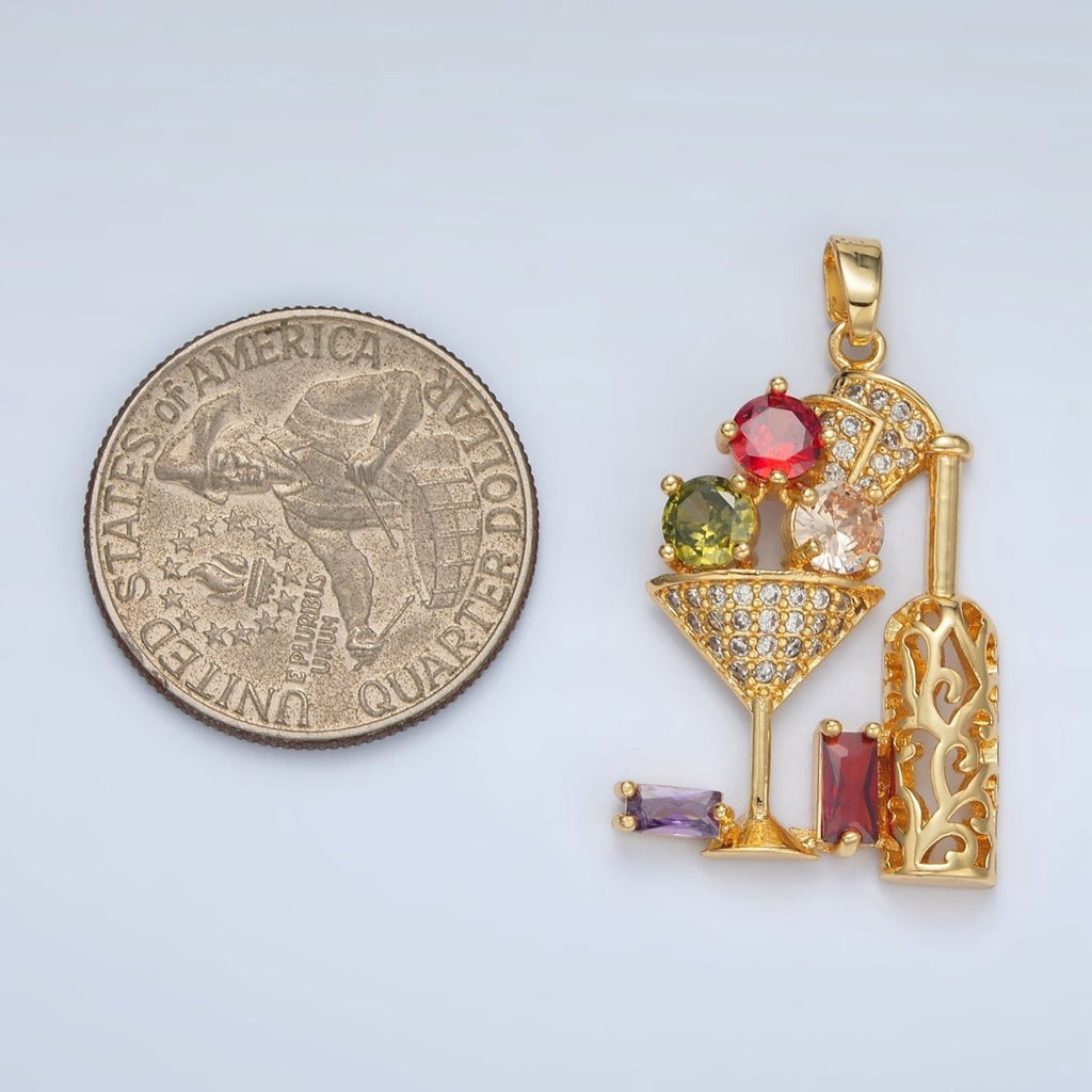 24K Gold plated Multicolor Micro Paved Baguette CZ Martini Wine Alcohol Drinks Pendant | I708 - DLUXCA