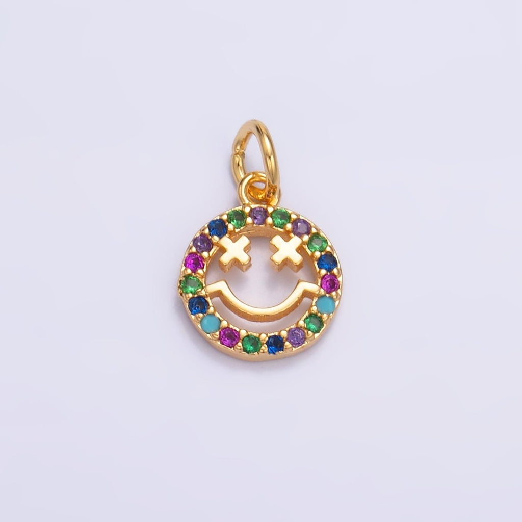 24K Gold plated Multicolor Micro Paved CZ Smiley Face Charm in Gold & Silver | W867 - DLUXCA