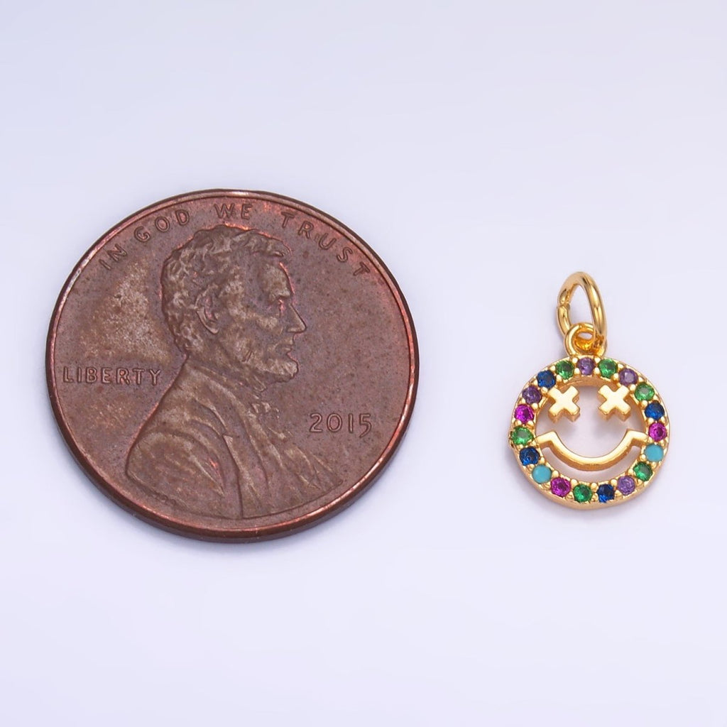 24K Gold plated Multicolor Micro Paved CZ Smiley Face Charm in Gold & Silver | W867 - DLUXCA