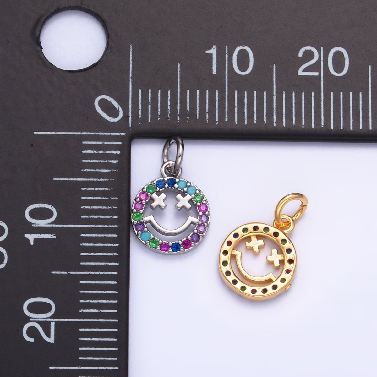 24K Gold plated Multicolor Micro Paved CZ Smiley Face Charm in Gold & Silver | W867 - DLUXCA