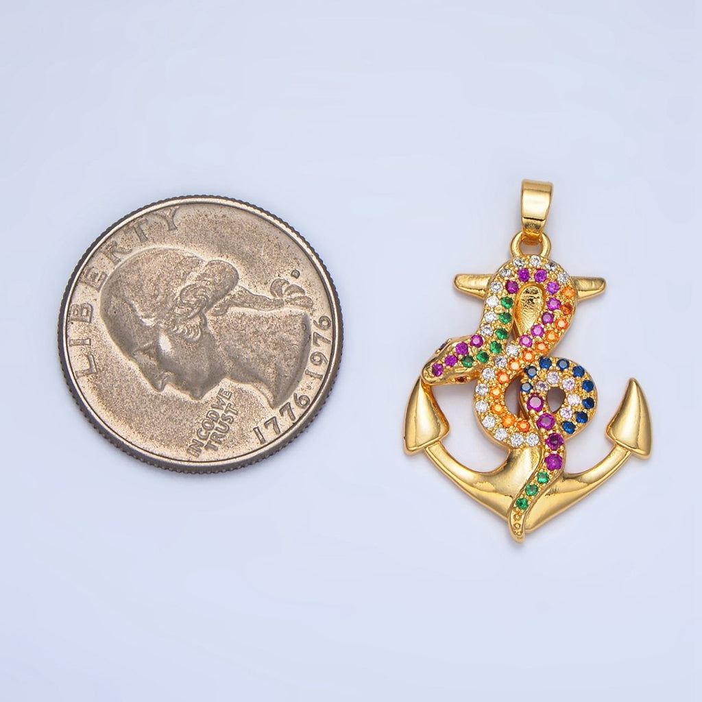 24K Gold plated Multicolor Micro Paved CZ Snake Anchor Pendant | AA946 - DLUXCA