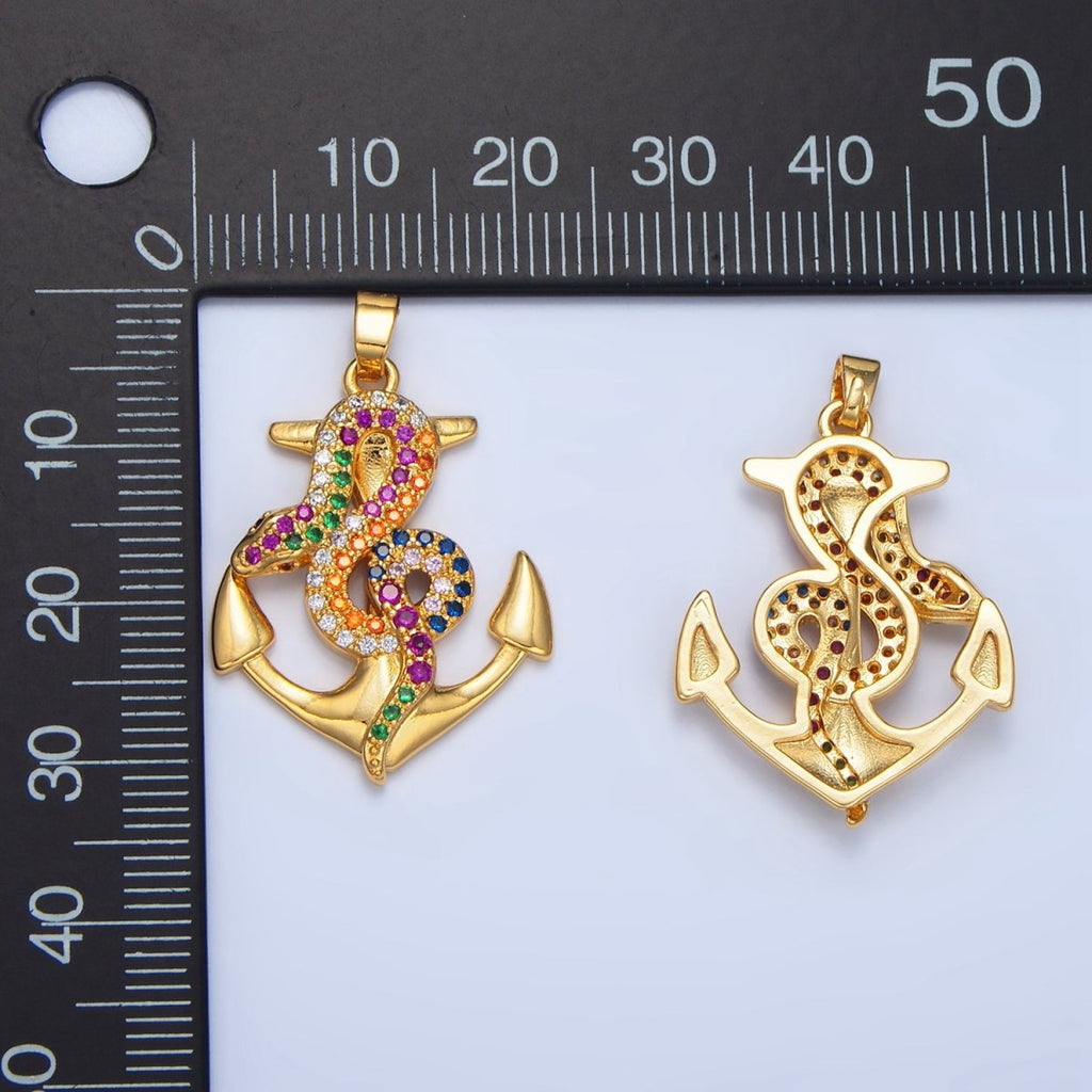 24K Gold plated Multicolor Micro Paved CZ Snake Anchor Pendant | AA946 - DLUXCA