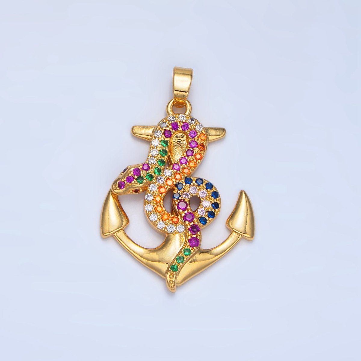 24K Gold plated Multicolor Micro Paved CZ Snake Anchor Pendant | AA946 - DLUXCA