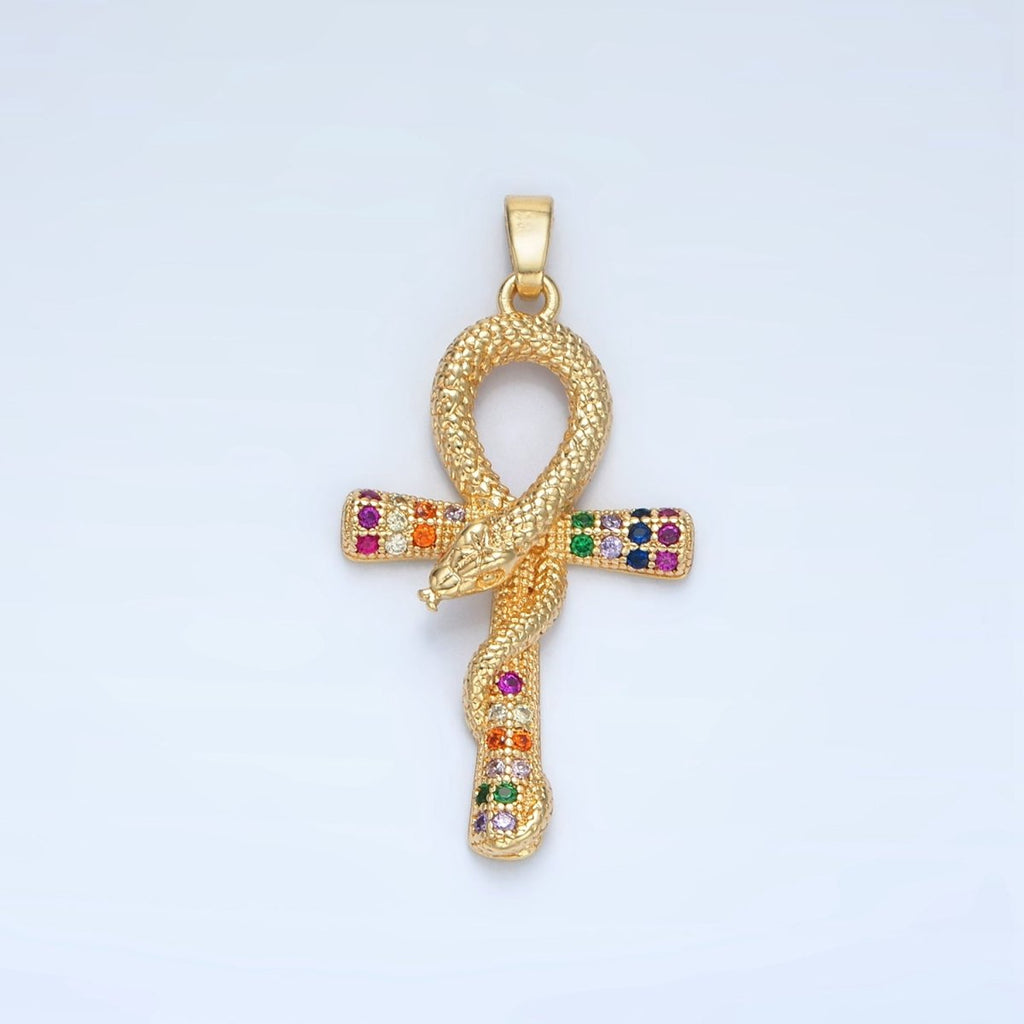 24K Gold plated Multicolor Micro Paved CZ Snake Ankh Cross Pendant | AA864 - DLUXCA
