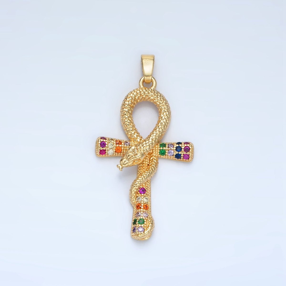 24K Gold plated Multicolor Micro Paved CZ Snake Ankh Cross Pendant | AA864 - DLUXCA