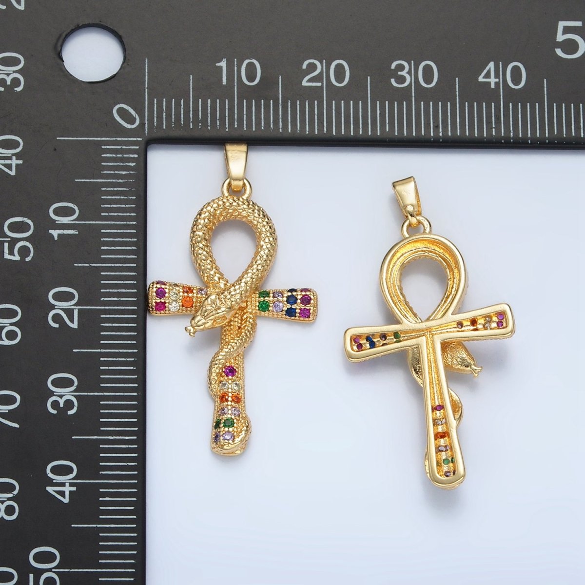 24K Gold plated Multicolor Micro Paved CZ Snake Ankh Cross Pendant | AA864 - DLUXCA