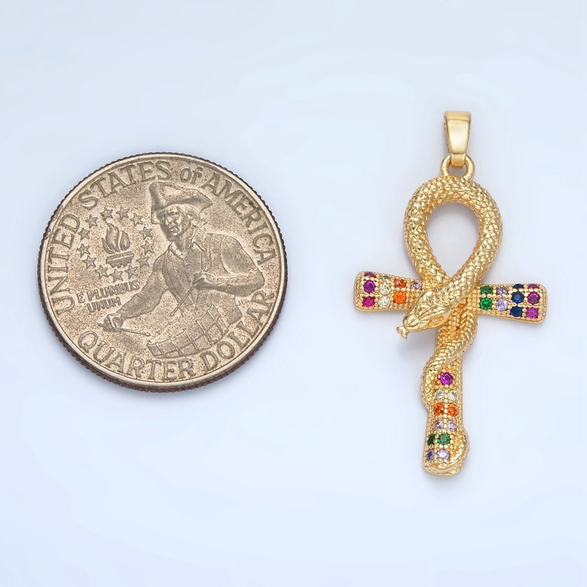 24K Gold plated Multicolor Micro Paved CZ Snake Ankh Cross Pendant | AA864 - DLUXCA