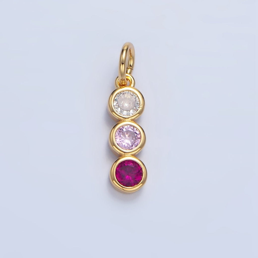 24K Gold plated Multicolor Pink CZ Round Bezel Linear Charm | X616 - DLUXCA