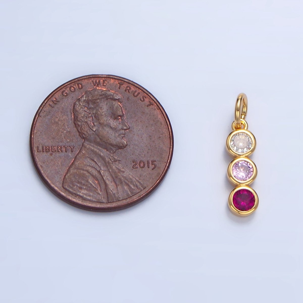24K Gold plated Multicolor Pink CZ Round Bezel Linear Charm | X616 - DLUXCA