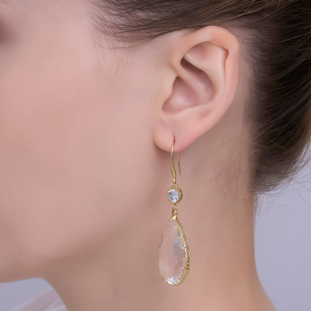 24K Gold plated Multifaceted CZ Teardrop Drop French Hook Earrings | AB1416 