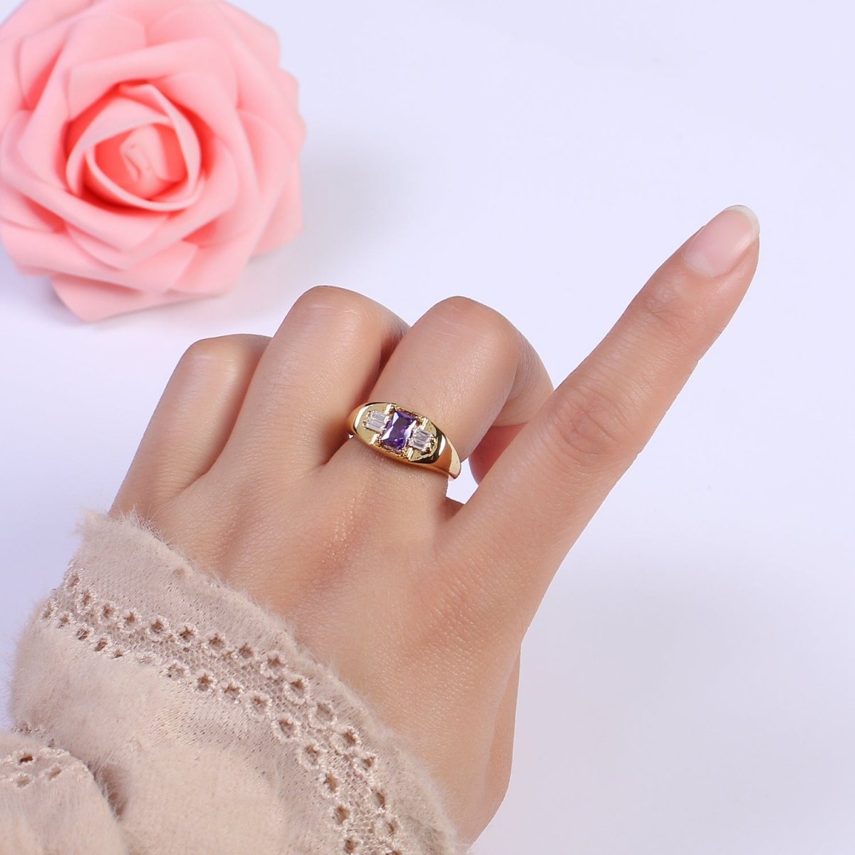 24K Gold plated Multiple Color Crystal Cubic Zirconia CZ Cuff Ring, Minimalist Clear Baguette Signet Adjustable Ring  S-327~S-330 S-335~S-338