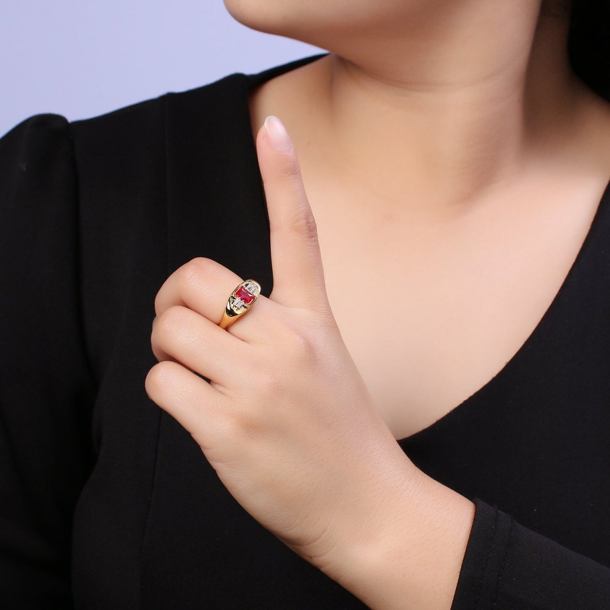 24K Gold plated Multiple Color Crystal Cubic Zirconia CZ Cuff Ring, Minimalist Clear Baguette Signet Adjustable Ring  S-327~S-330 S-335~S-338